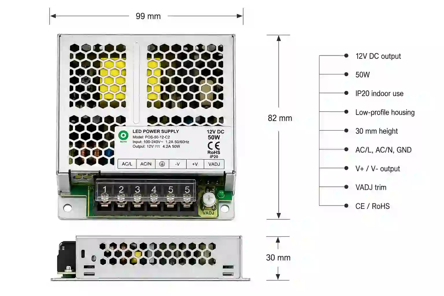 Rozměry LED napájecího zdroje 12V 50W — 99 x 82 x 30 mm s certifikacemi CE a RoHS